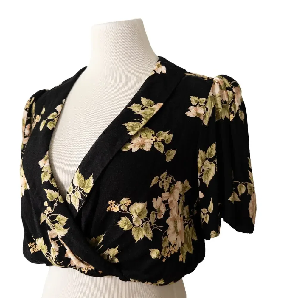 Reformation NEW Florian Short Sleeve Faux Wrap Crop Top Arielle Black Cream 12